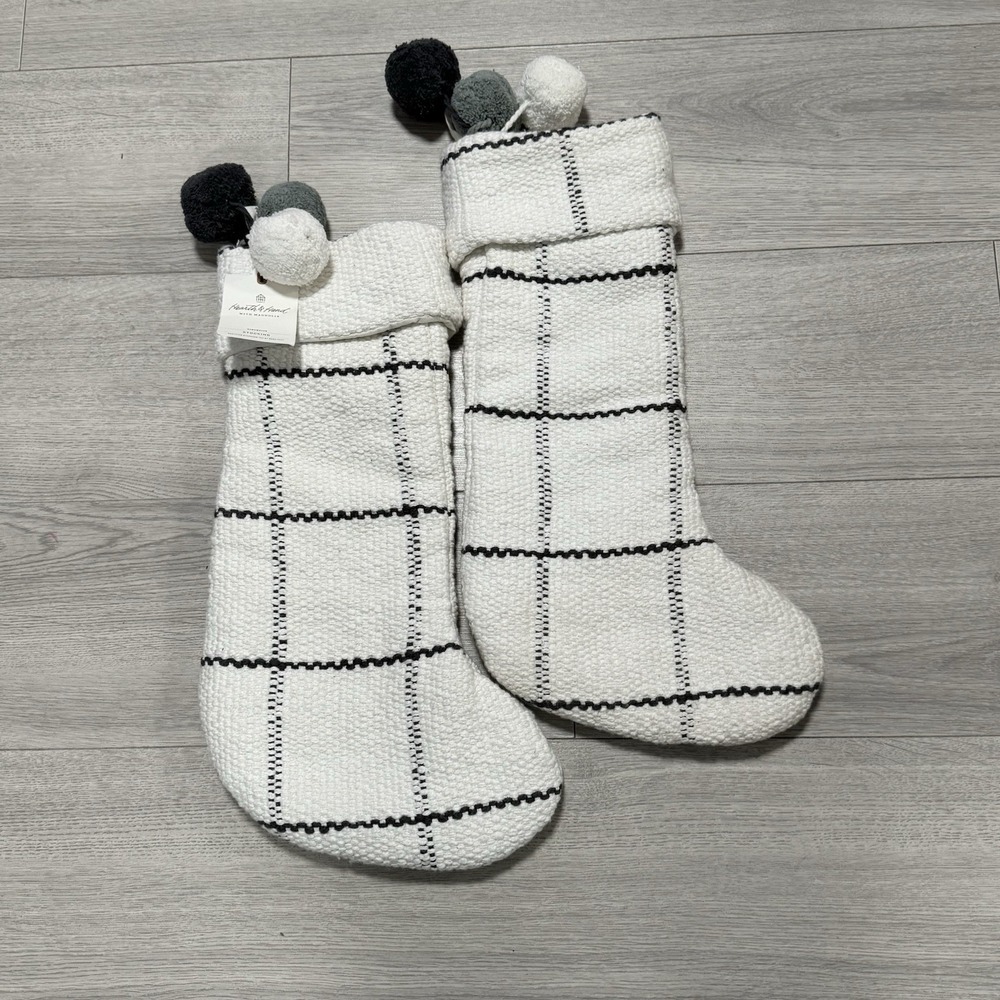NWT Heart & Hand See Of 2 Magnolia Windowpane Plaid Christmas Stockings W/poms